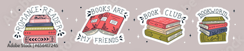 Set of book stickers. Open book, lettering, and stacks of books to read in flat design style. World Book Day. Vector.