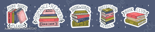 Set of book stickers. Open book, lettering, and stacks of books to read in flat design style. World Book Day. Vector.