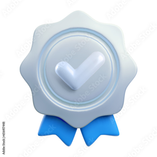Vector cartoon 3d medal realistic icon with yes check mark and ribbon. Trendy silver award render
