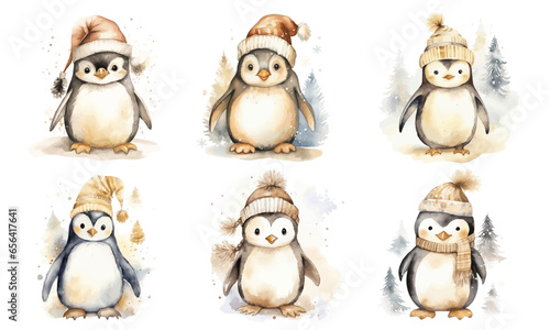 set of cute watercolor penguins with winter Christmas dresses with hats and scarfs vector illustration