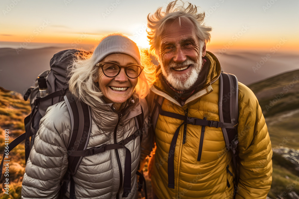 Old hiking couple with grey hear enjoy the beautiful sunset in the mountain during a hiking tour and making a happy smiling self portrait selfie, generative ai Old hiking couple with grey hear enjoy the beautiful sunset in the mountain during a hiking tour and making a happy smiling self portrait selfie, generative ai