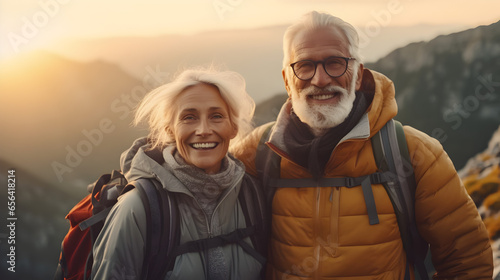 Old hiking couple with grey hear enjoy the beautiful sunset in the mountain during a hiking tour and making a happy smiling self portrait selfie, generative ai 