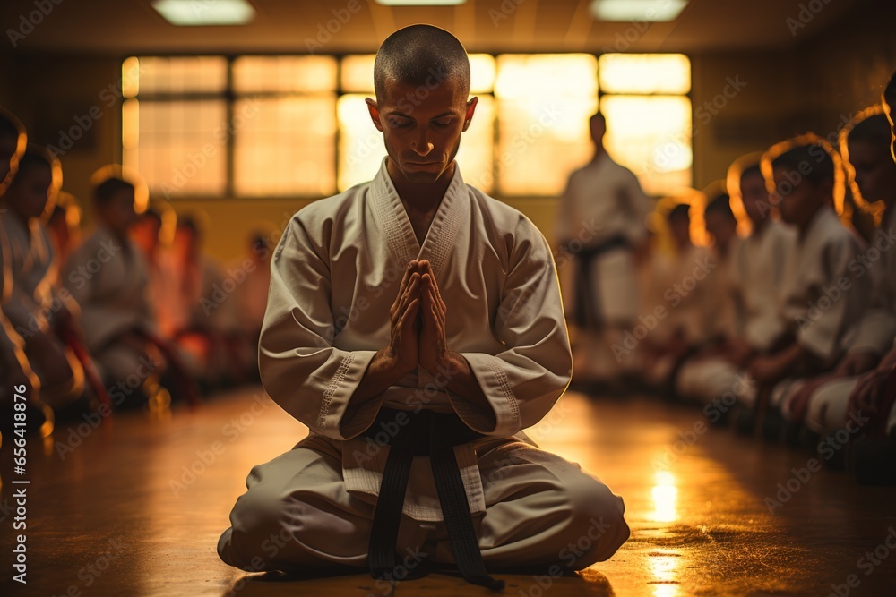 Karate students bowing respectfully before entering the dojo