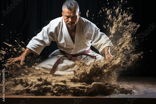Karateka breaking a wooden board with a precise strike  capturing the power and concentration required  Generative AI 