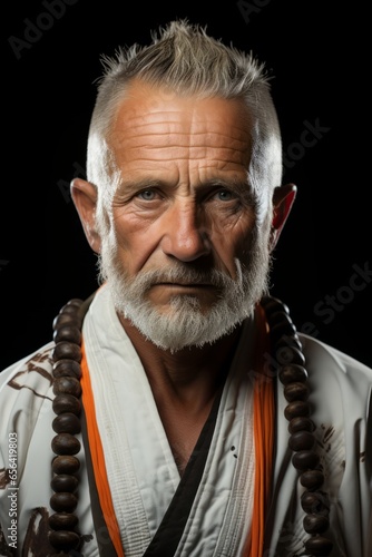 Karate master's aged and wise face, reflecting a lifetime of dedication to the martial arts, Generative AI 