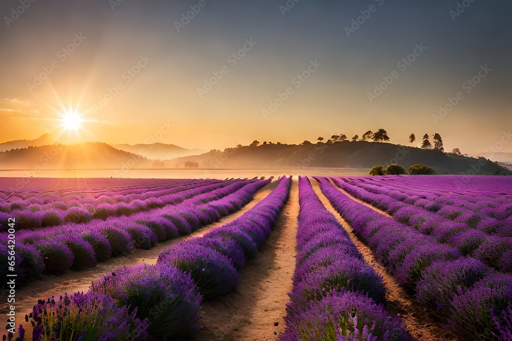 Lavender Field at Sunrise with Rolling Hills Lavender Field at Sunrise with Rolling Hills