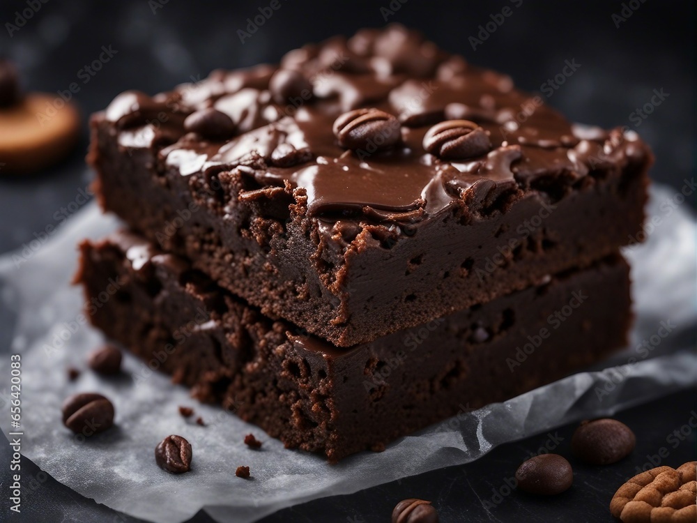 Delicious homemade brownie with ingredients on blurry background Delicious homemade brownie with ingredients on blurry background