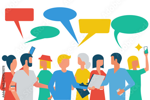 People talk. Businesspeople discuss social networks. Speech bubbles. Human dialogue. Chat of young progressive people. Give your opinion. Vector illustration flat design.