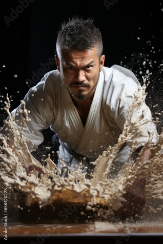 Karateka breaking a wooden board with a precise strike, capturing the power and concentration required, Generative AI