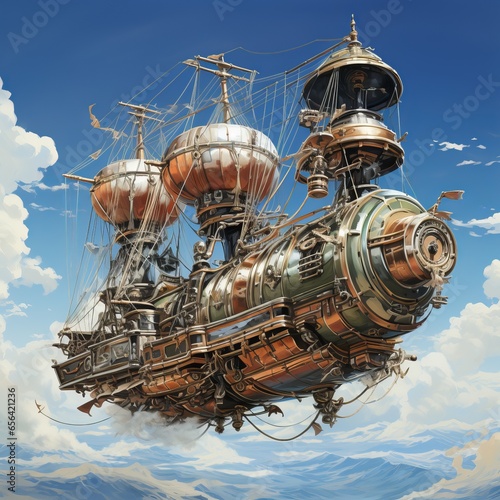 The airship flies across the sky. Fantasy air transport. Concept  a ship of the future flying over the city.