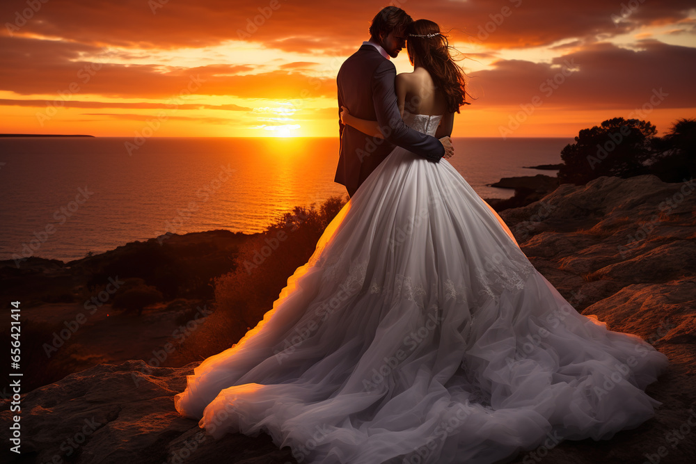 Rear view of wedding couple posing on sunset at wedding day with seaside in the background. Bride and groom in love.