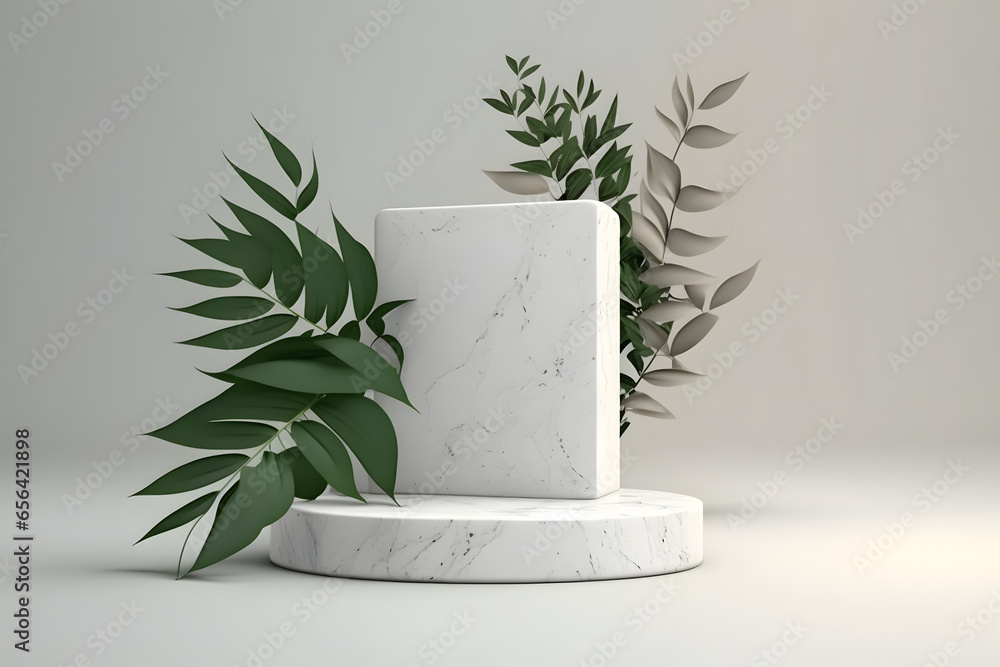 Abstract minimal scene with Stone podium display. stage pedestal or platform in white background with Green Leaves. for cosmetic product presentation, 3d rendering. Generative Ai. - obrazy, fototapety, plakaty 