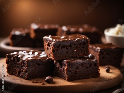 Delicious homemade brownie with ingredients on blurry background