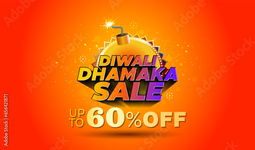Sale, offer logo and background design for Diwali festival. 60% off, dhamaka sale, promotional poster, banner.