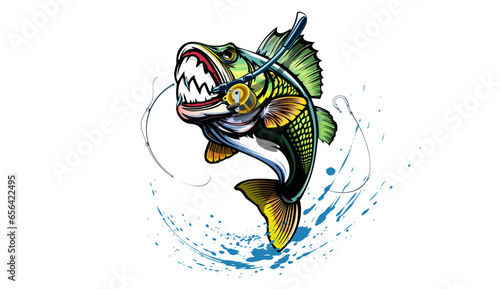 Fishing bass logo. Bass fish with rod club emblem. Fishing theme illustration. Fish Isolated on white.