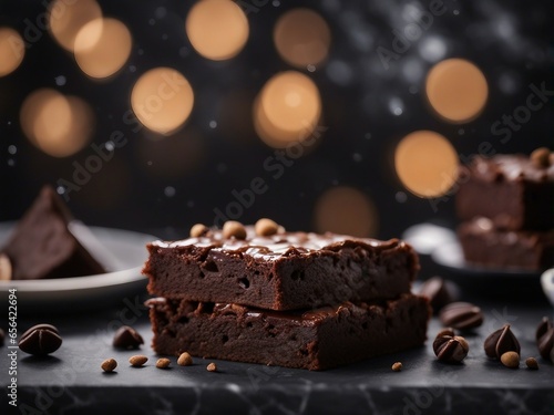 Delicious homemade brownie with ingredients and lights, blurry background
