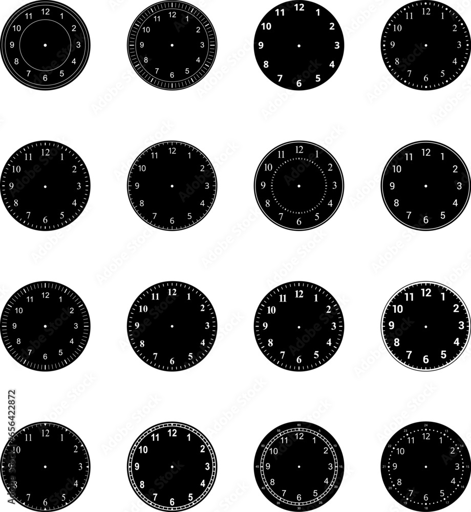 Fototapeta premium Mechanical clock faces with arabic numerals, bezel. Blank measuring circle scale. Timer or stopwatch. Vector illustration.