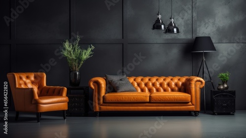 large living room with modern interior design with orange leather sofas and chairs for home against the background of a dark classic wall, Generative AI