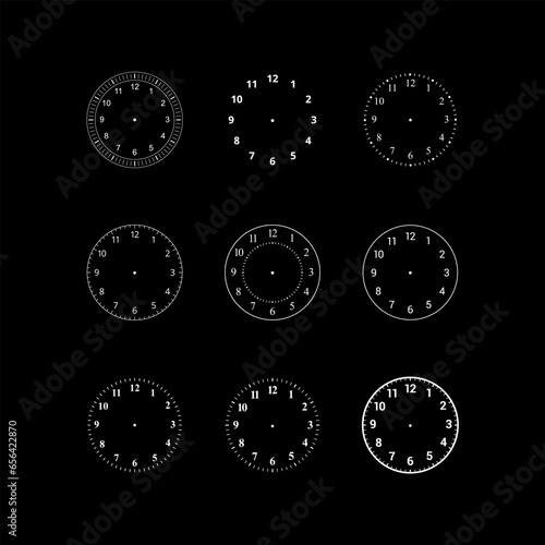Mechanical clock faces with arabic numerals, bezel. Blank measuring circle scale. Timer or stopwatch. Vector illustration.