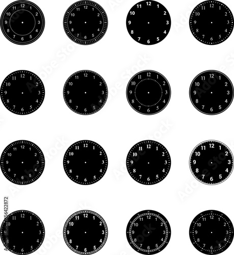 Mechanical clock faces with arabic numerals, bezel. Blank measuring circle scale. Timer or stopwatch. Vector illustration.