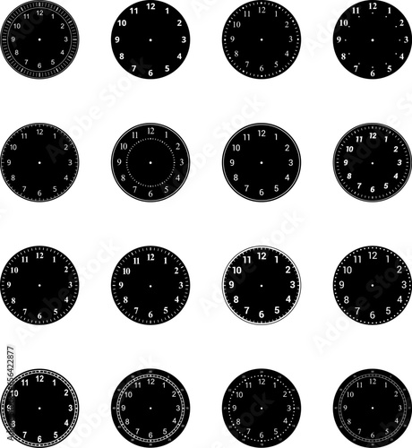 Mechanical clock faces with arabic numerals, bezel. Blank measuring circle scale. Timer or stopwatch. Vector illustration.