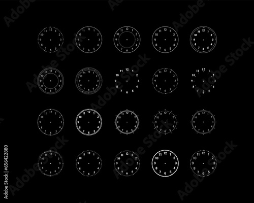 Mechanical clock faces with arabic numerals, bezel. Blank measuring circle scale. Timer or stopwatch. Vector illustration.