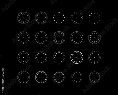 Mechanical clock faces with arabic numerals, bezel. Blank measuring circle scale. Timer or stopwatch. Vector illustration.