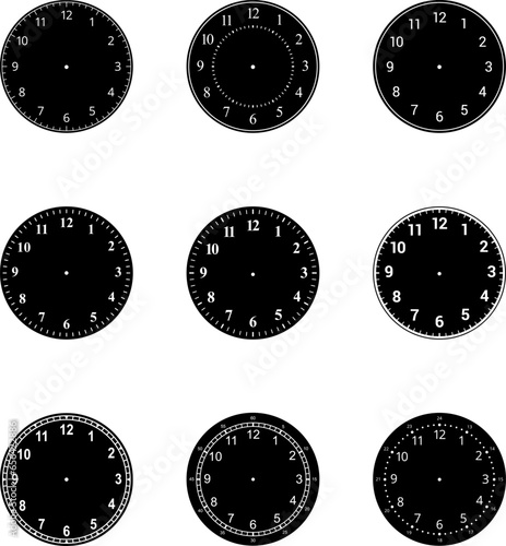 Mechanical clock faces with arabic numerals, bezel. Blank measuring circle scale. Timer or stopwatch. Vector illustration.