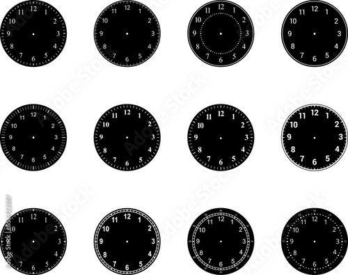 Mechanical clock faces with arabic numerals, bezel. Blank measuring circle scale. Timer or stopwatch. Vector illustration.