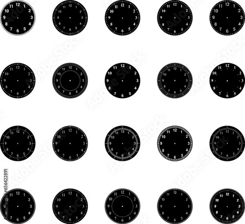 Mechanical clock faces with arabic numerals, bezel. Blank measuring circle scale. Timer or stopwatch. Vector illustration.