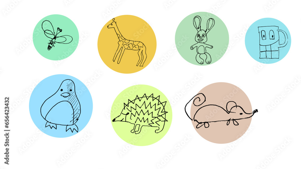 Doodle characters insect, giraffe, hedgehog, bunny, penguin, mouse, cup