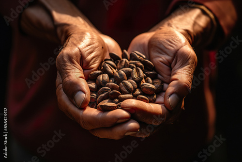 Roasted coffee beans in old human hands on brown background