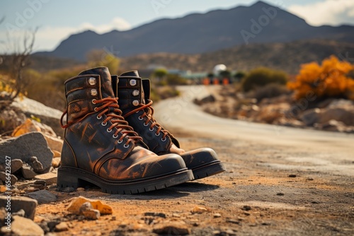 Rider's boots against the backdrop of a winding road, symbolizing the journey, Generative AI