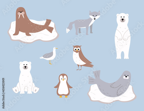 Cute Arctic animals. Vector illustration with funny polar animals. Polar bear walrus seal seagull scribe owl.