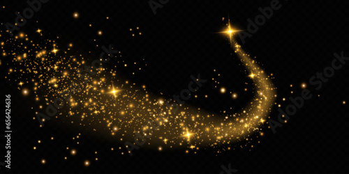 The dust sparks and golden stars shine with special light. Vector sparkles on a transparent background. Christmas light effect. Sparkling magical dust particles.