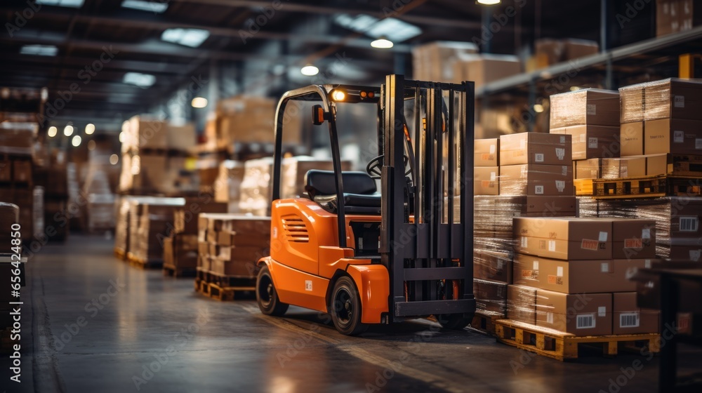 forklift truck in warehouse. Large retail warehouse full of merchandise shelves, cartons and packaging on pallets. Logistics and distribution center for product delivery.