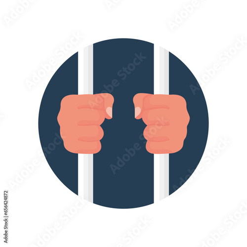 Hands holding prison bars, cartoon icon. Criminal man behind bars. Hands in handcuffs. Human in jail. Prisoner concept. Vector illustration flat design. Arrest of person. Isolated on white background.