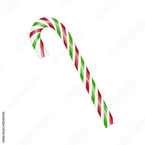 Christmas candy cane lollipop with green and red stripes. Icon isolated on transparent and white background. Close-up element for design decoration. Holiday vector illustration in cartoon flat style.