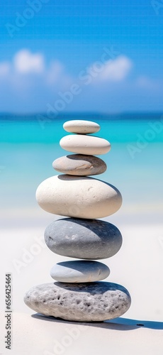 Closeup Of Rock Podium On White Sand Against Backdrop Of Unfocused Maldives Balance Stones. Phone Wallpaper