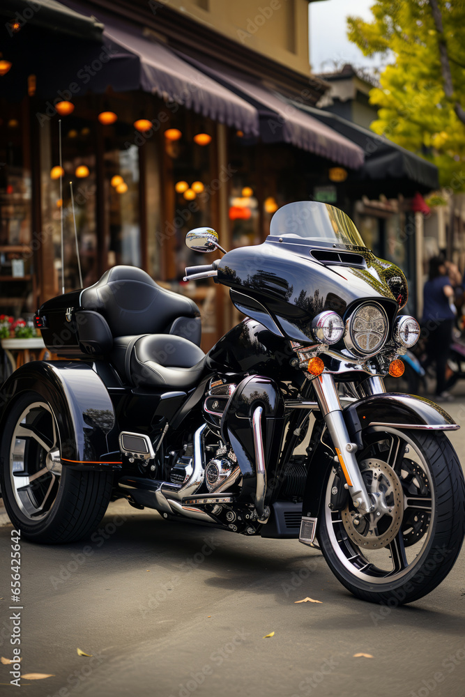 Tri-Glide Ultra in a parking lot, highlighting its three-wheeled stability and touring comfort, Generative AI