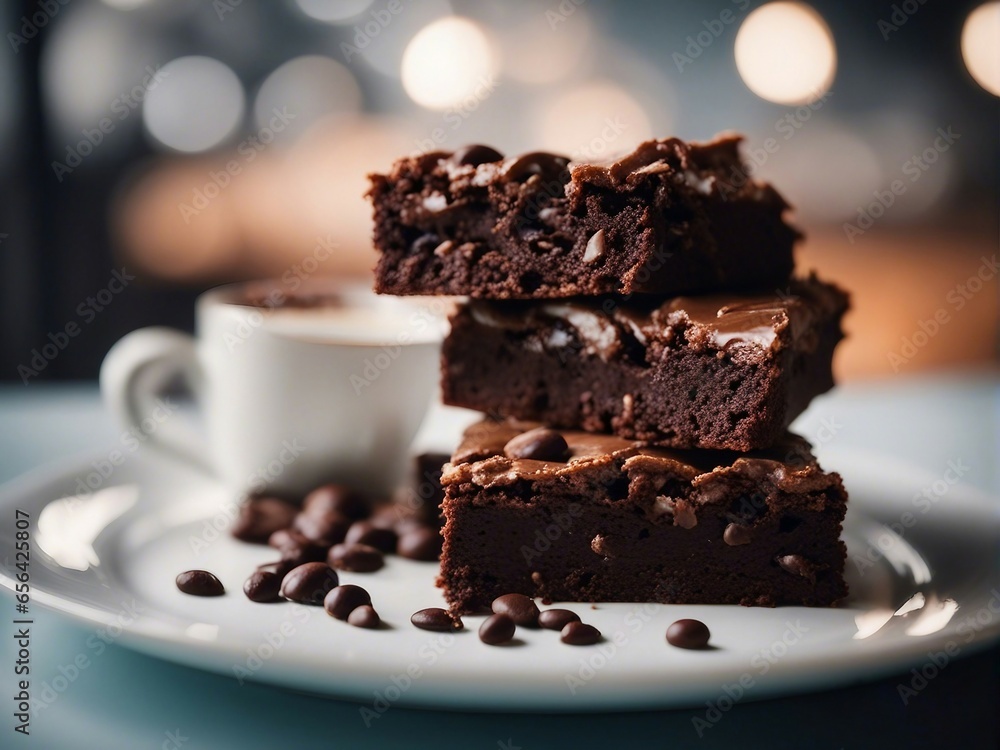 Delicious homemade brownie with ingredients on blurry background Delicious homemade brownie with ingredients on blurry background