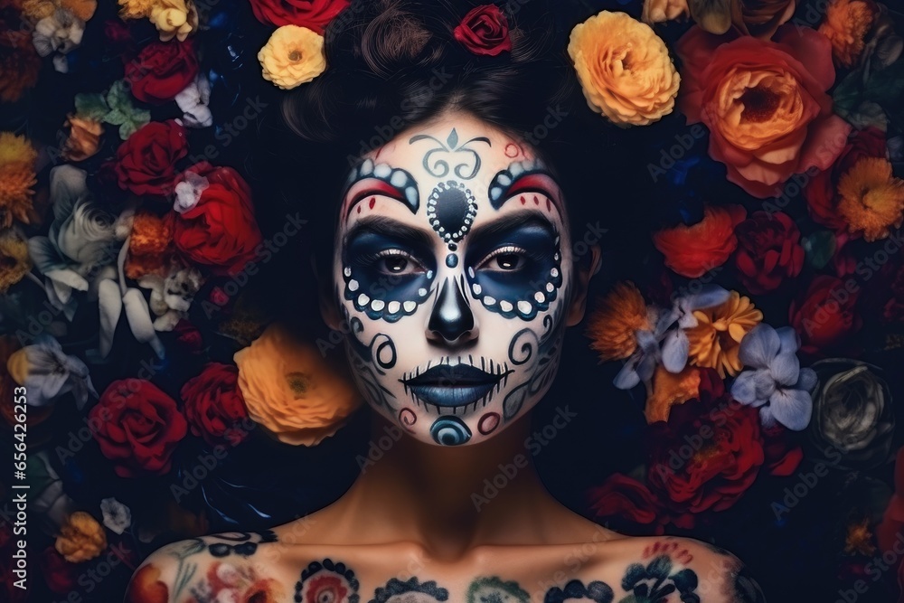 Dia De Los Muertos Woman With Sugar Skull Makeup On Floral Background