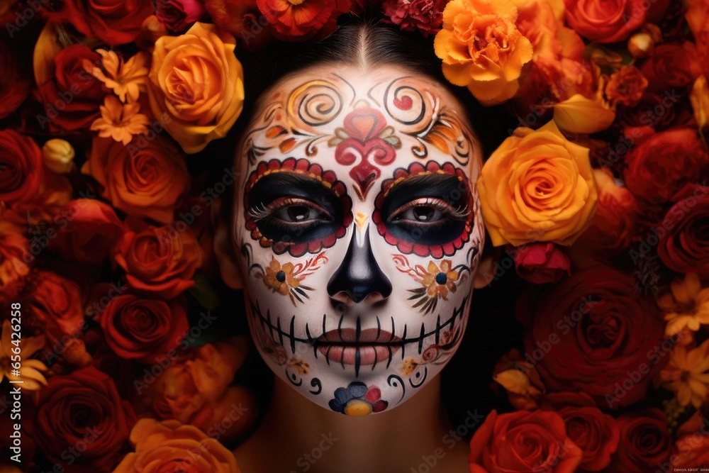 Dia De Los Muertos Woman With Sugar Skull Makeup On Floral Background