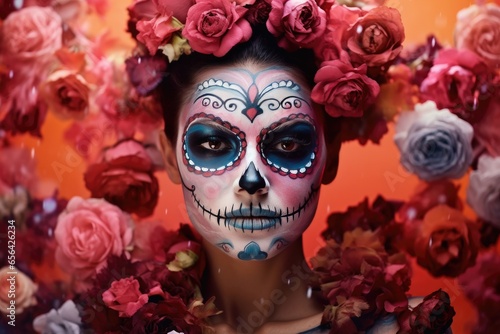 Dia De Los Muertos Woman In Sugar Skull Makeup On Floral Background