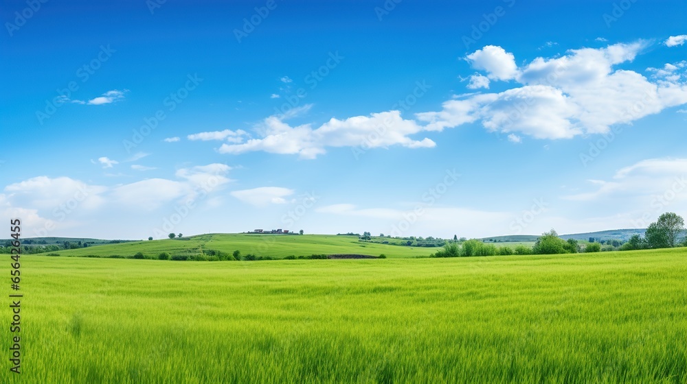 natural panorama of green grassland with blue sky during the day. natural panorama during summer