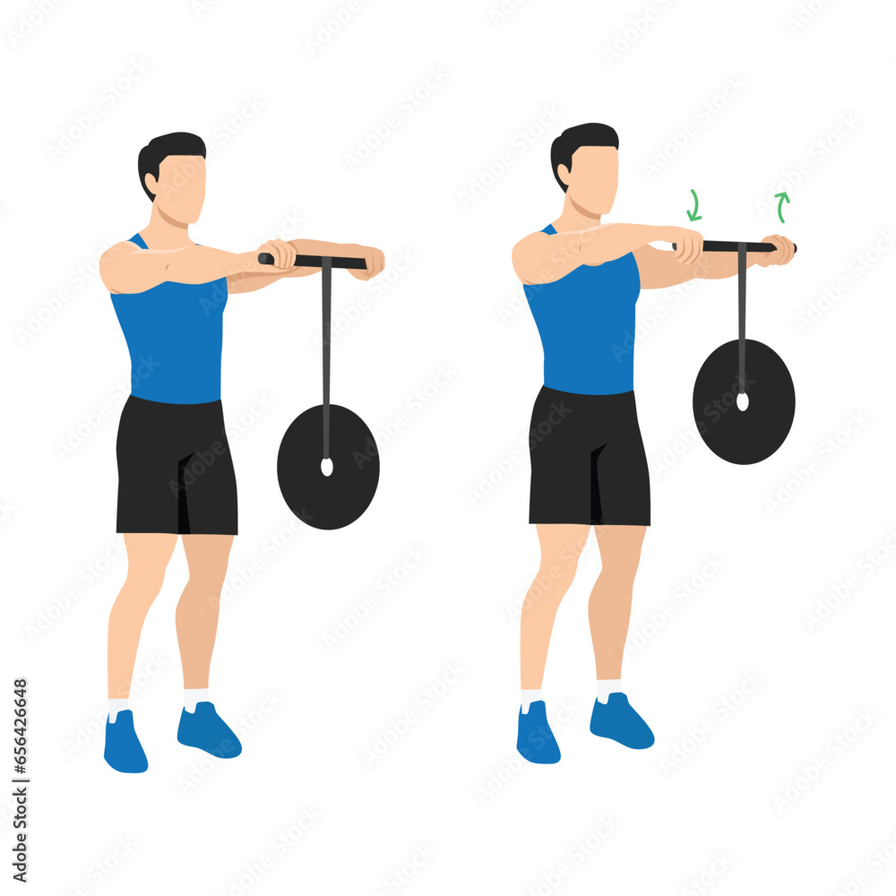 Obraz premium Man doing wrist roller. Wrist forearm blaster roller arm strength power training. Flat vector illustration isolated on white background