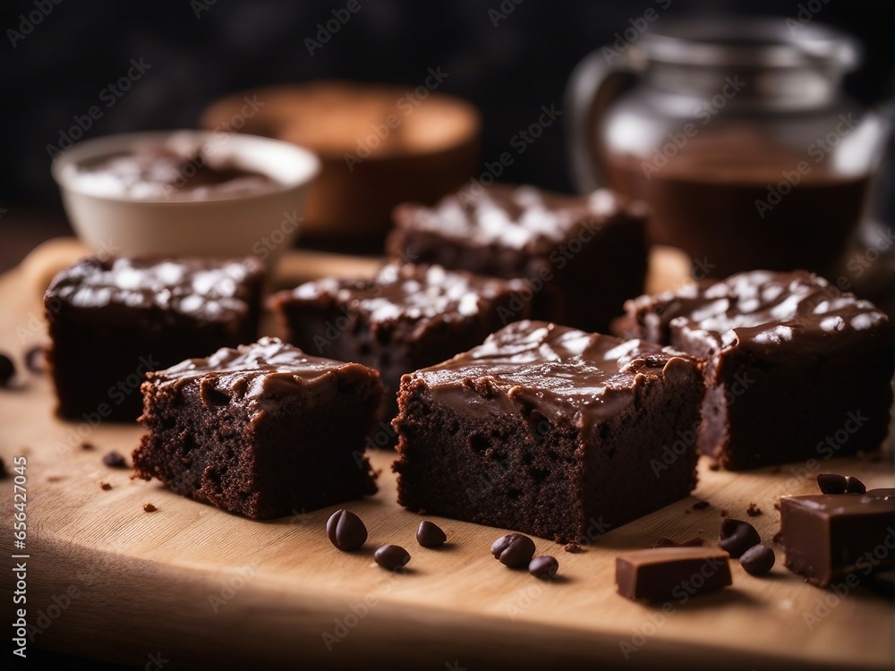 Delicious homemade brownie with chocolate pieces on dark background
Delicious homemade brownie with chocolate pieces on dark background