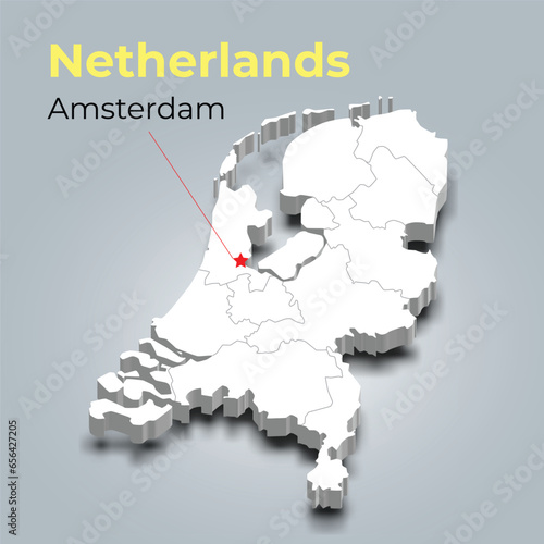 Netherlands 3d map with borders of regions and it’s capital