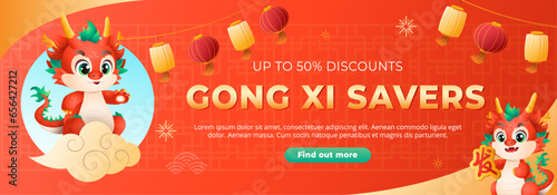 Chinese New Year 2024 sale banner with 2 cute dragon zodiac and chinese lantern in red background. Holiday web banner vector illustration. (Translation: prosperity word)