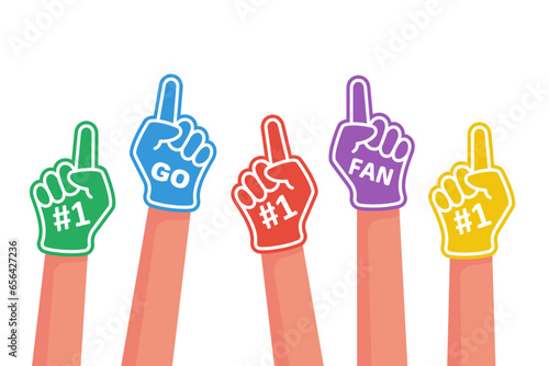 Foam fingers of a group of fans. Number one, fan and a call to go. Fan hand glove with red finger raised. Foam hand. Sport supporting. Vector illustration flat design. Isolated on a white background.